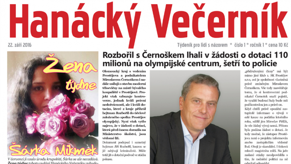 Hanácký Večerník 22.9. poprvé tiskem. Děkujeme, že nás čtete